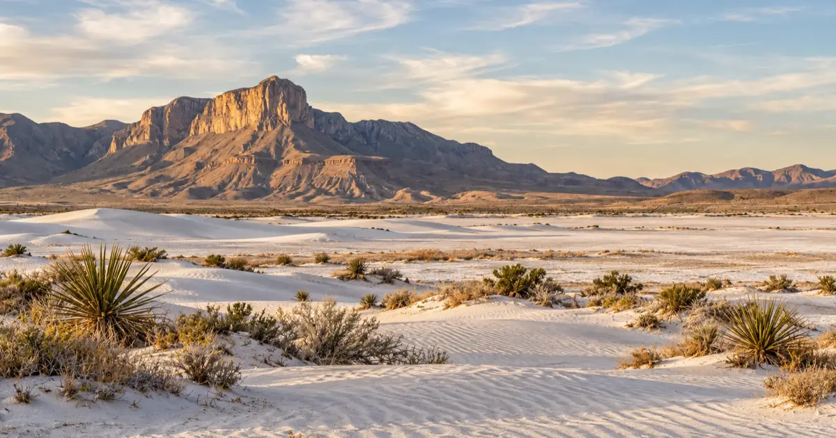 Pale gypsum and salt flats spread below the distant Guadalupe Mountains near Dell City.