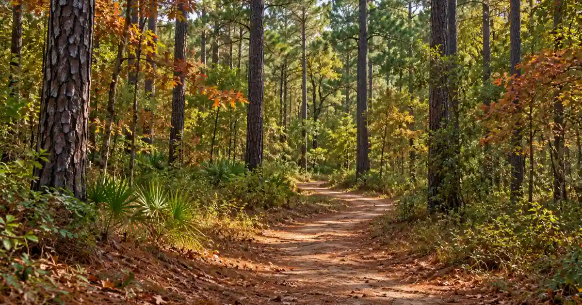 A sandy trail runs beneath tall pines in the Angelina National Forest.