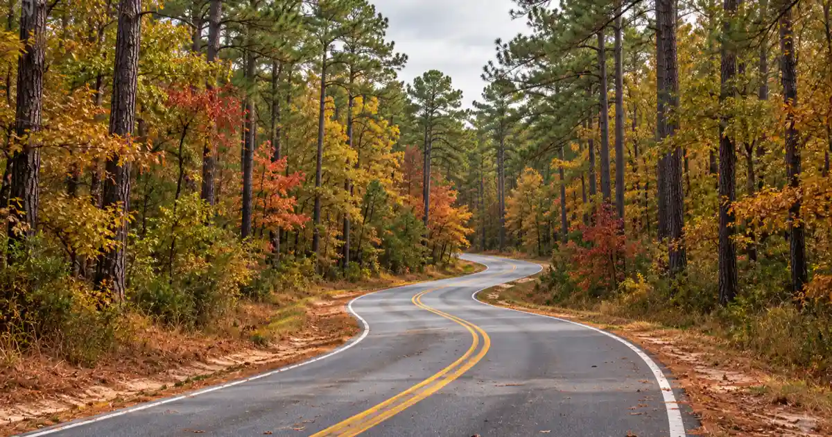 A two-lane road curves beneath tall East Texas pines mixed with autumn hardwoods.