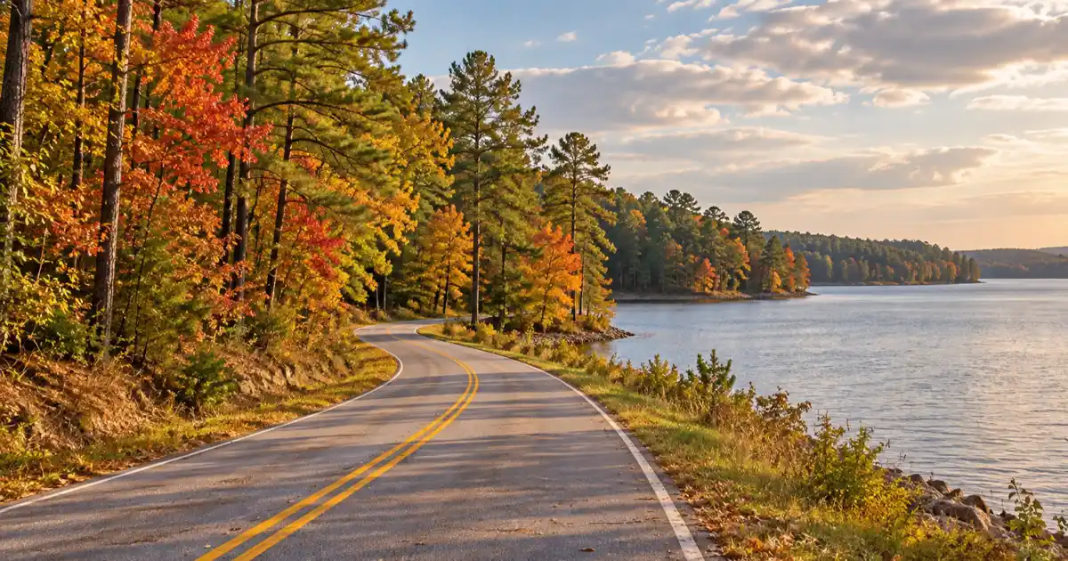 A pine-covered shoreline borders Sam Rayburn Reservoir in East Texas.