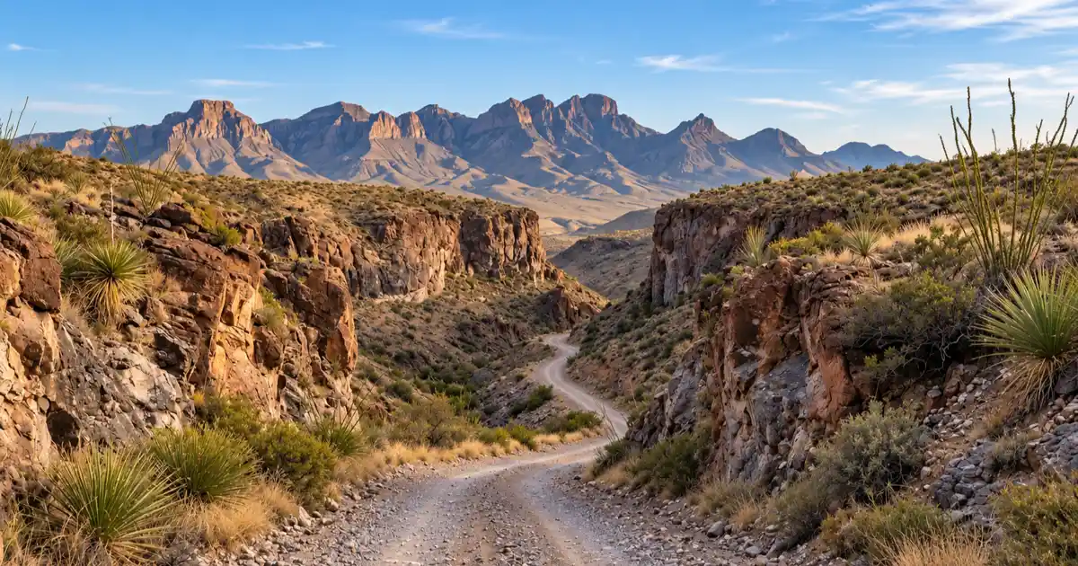 Dry grassland and rocky slopes lead toward the distant Chinati Mountains in West Texas.