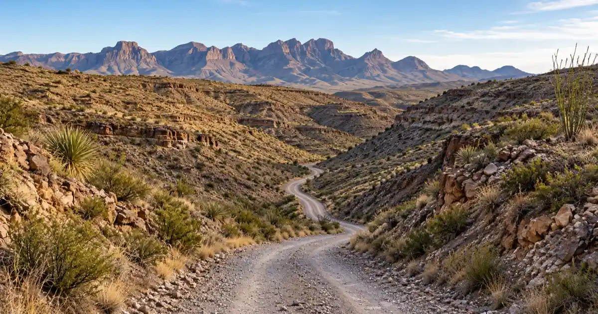 A rough gravel road descends through a broad, rocky desert canyon in Presidio County.