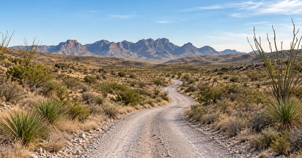 A pale gravel track crosses open desert scrub near Pinto Canyon Road in Presidio County.