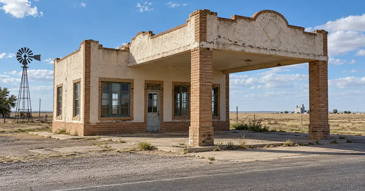 Restored roadside filling station beside old Route 66 in Alanreed, Texas