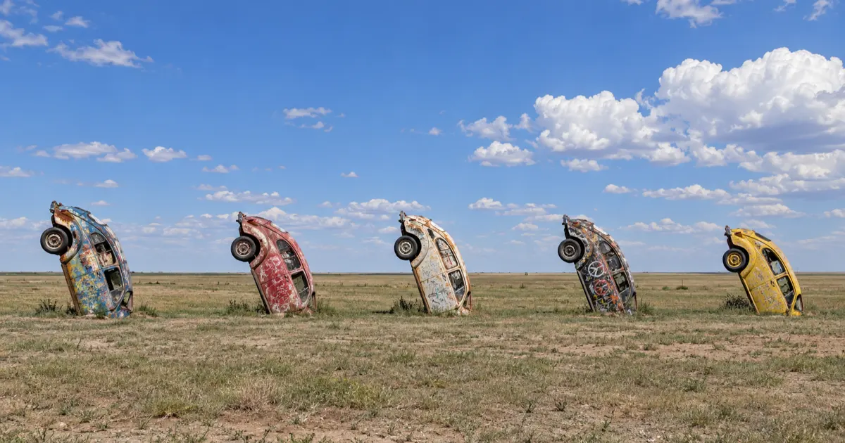 Five nose-down Volkswagen Beetles at Bug Ranch near Conway on Texas Route 66