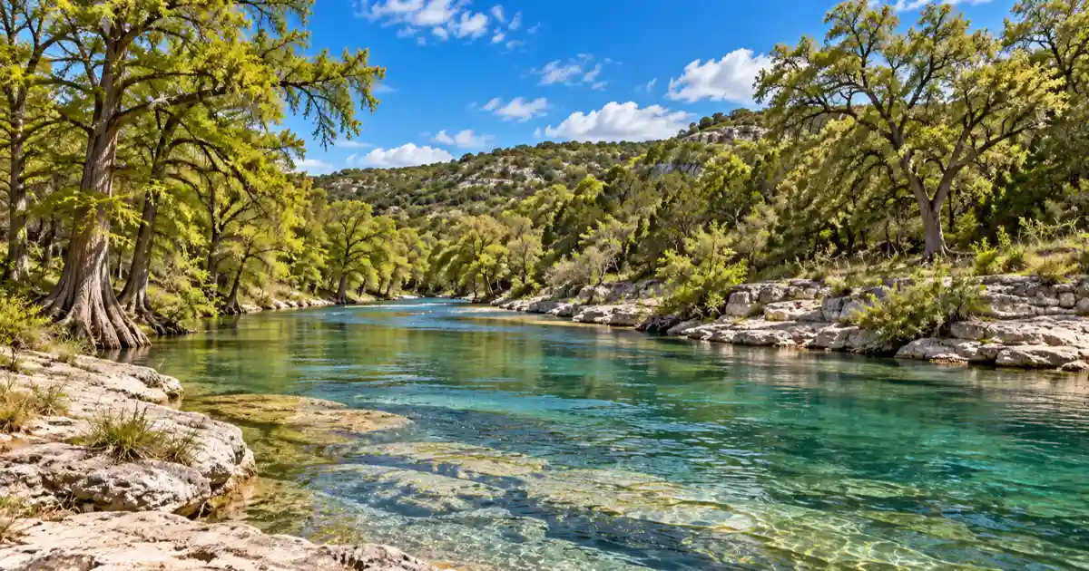 Clear pools in the upper Nueces River sit between pale limestone banks and cypress trees near Camp Wood.