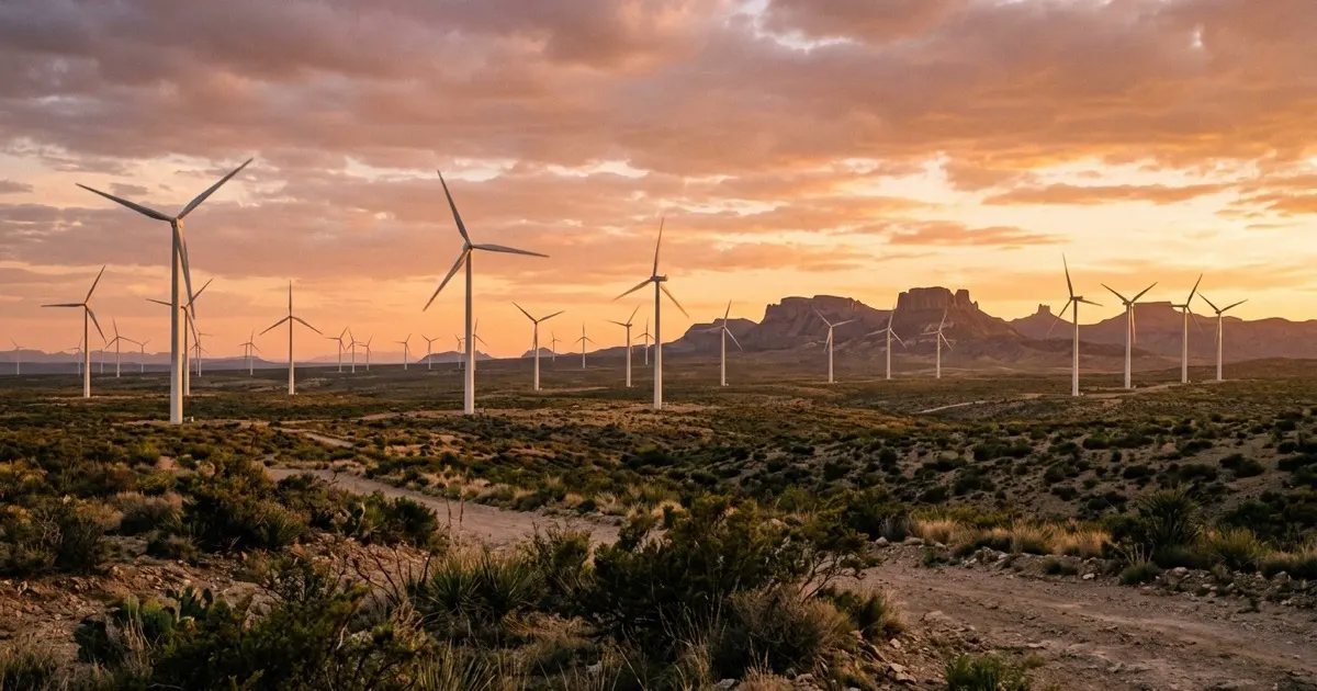 Modern wind turbines spinning across West Texas desert plains at golden sunset