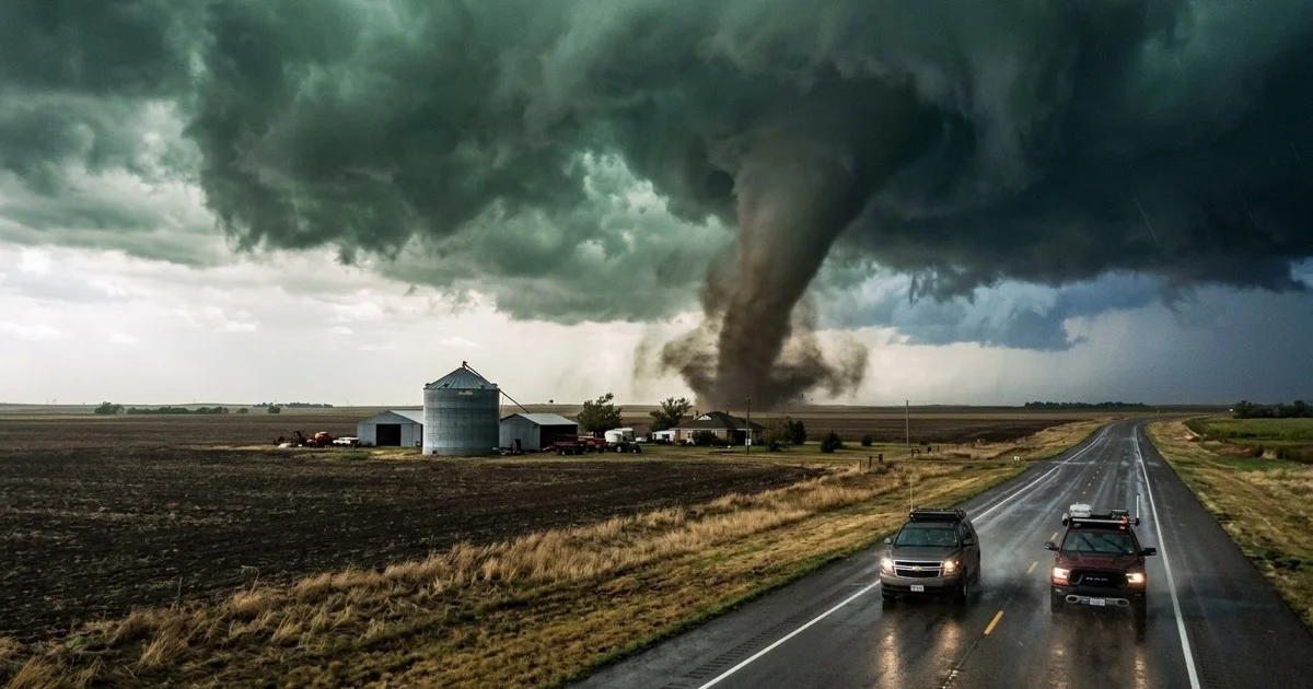 Classic cone tornado touching down on the open agricultural plains of the Texas Panhandle