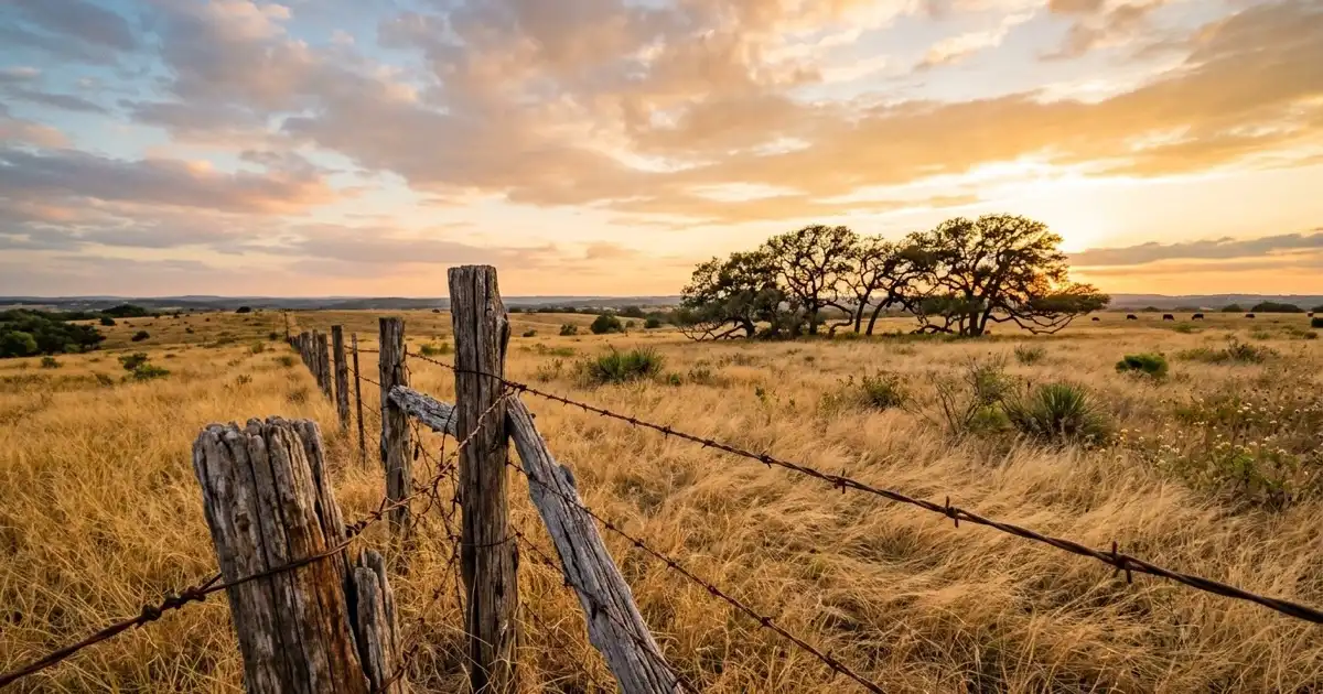 Rustic barbed wire fence line stretching across an open Texas ranch pasture at sunset