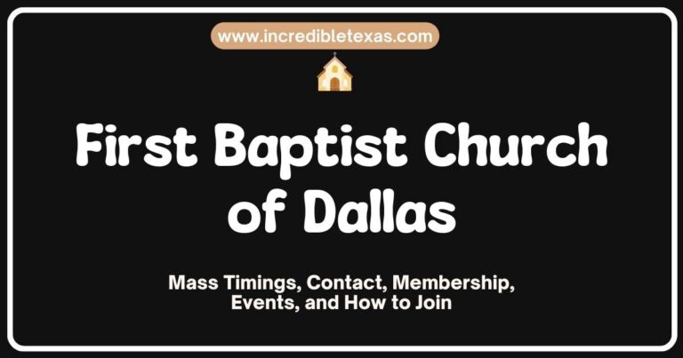 Exterior view of First Baptist Church of Dallas, showcasing its stunning architecture and historic façade, with tall spires and beautifully landscaped grounds, symbolizing the vibrant community and faith-based activities at this prominent Dallas landmark.
