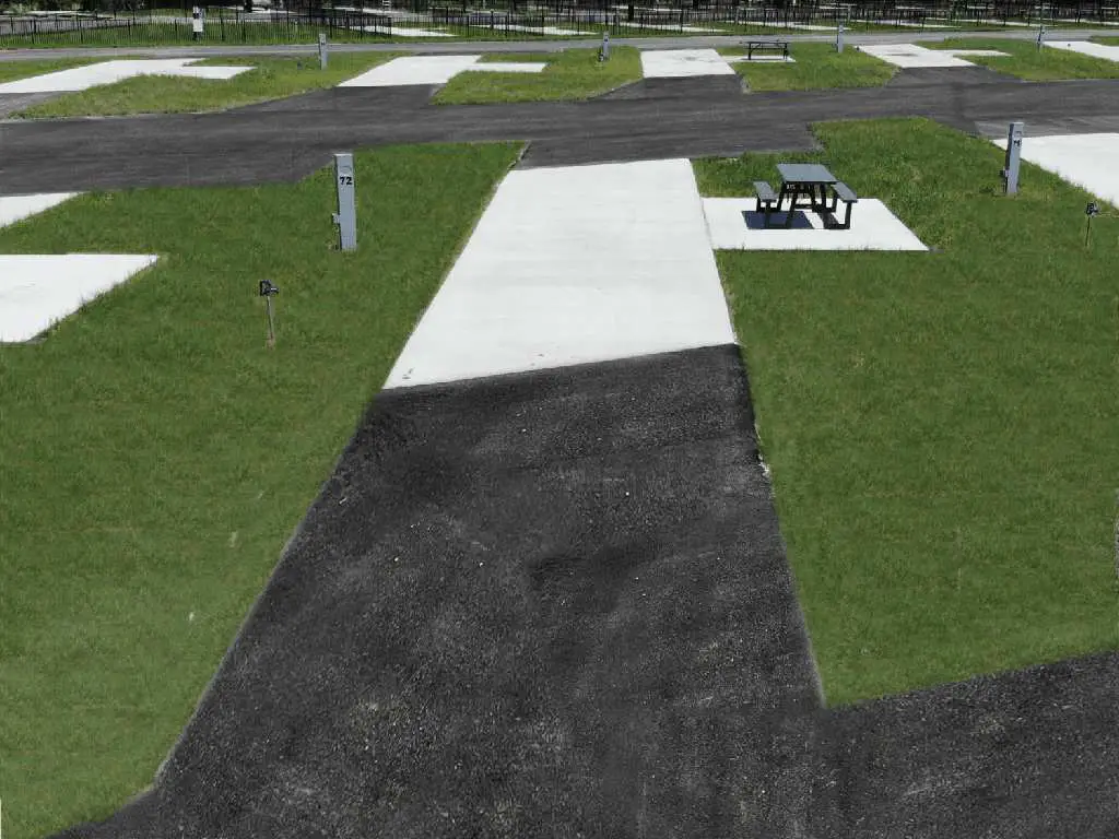 Spacious pull-through RV sites with concrete pads and utility hookups at a well-maintained RV park